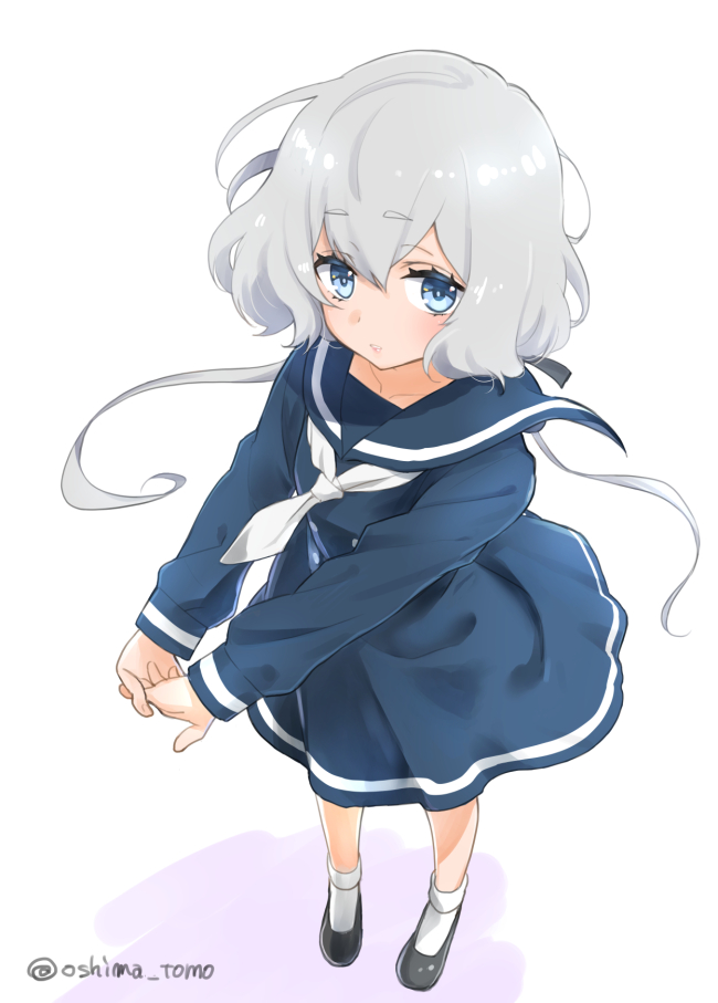 1girl black_footwear blue_dress blue_eyes dress floating_hair full_body grey_hair konno_junko low_twintails neckerchief ooshima_tomo own_hands_together sailor_dress school_uniform shoes signature simple_background socks solo standing twintails twitter_username white_background white_legwear white_neckerchief zombie_land_saga