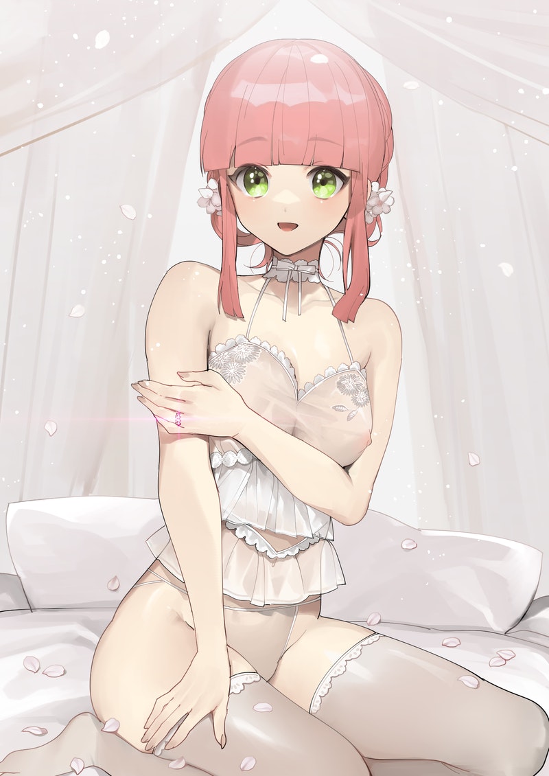 1girl arigatai_watashi bangs bed bed_sheet blunt_bangs camisole canopy_bed choker commentary_request covered_nipples flower green_eyes hair_flower hair_ornament halterneck hand_on_own_arm indie_virtual_youtuber jewelry lingerie looking_at_viewer medium_hair navel on_bed open_mouth panties petals pillow ring see-through short_hair sidelocks smile solo string_panties tan_(inka) thigh_gap underwear underwear_only virtual_youtuber wedding_band white_choker white_legwear white_panties