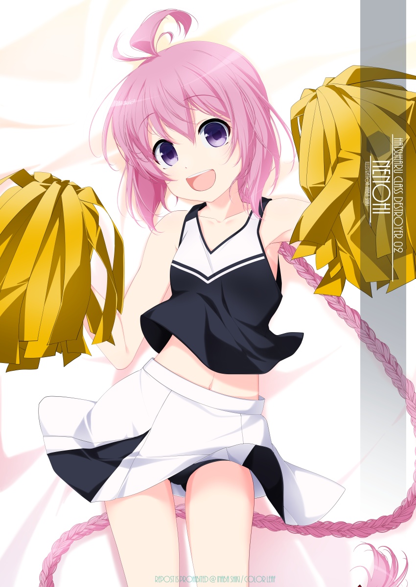 1girl ahoge alternate_costume braid breasts buruma_under_skirt cheerleader commentary_request crop_top highres holding holding_pom_poms inaba_shiki kantai_collection long_hair navel nenohi_(kancolle) open_mouth pink_hair pleated_skirt pom_pom_(cheerleading) purple_eyes shirt single_braid skirt sleeveless sleeveless_shirt small_breasts solo white_skirt