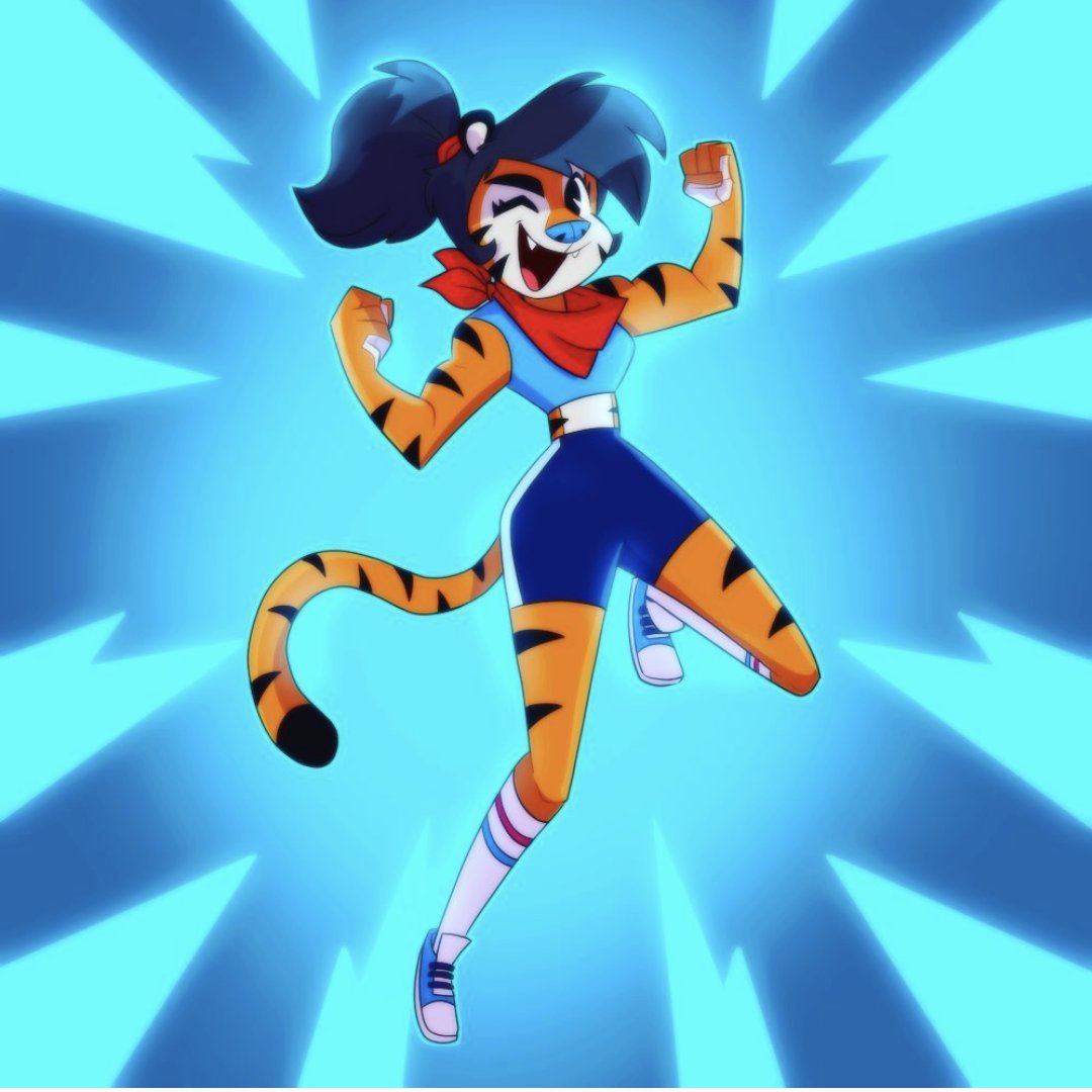 abstract_background action_pose anthro blue_background blue_hair blue_nose bottomwear clothing countershading crossgender cute_fangs felid female flexing_bicep frosted_flakes fur hair julianvanbores kellogg's looking_at_viewer mammal mascot mtf_crossgender muscular muscular_anthro muscular_female one_eye_closed open_mouth pantherine ponytail pose shirt shorts simple_background small_waist smile solo striped_body striped_fur stripes tank_top tiger tony_the_tiger topwear white_body white_countershading wide_hips wink winking_at_viewer zap_background