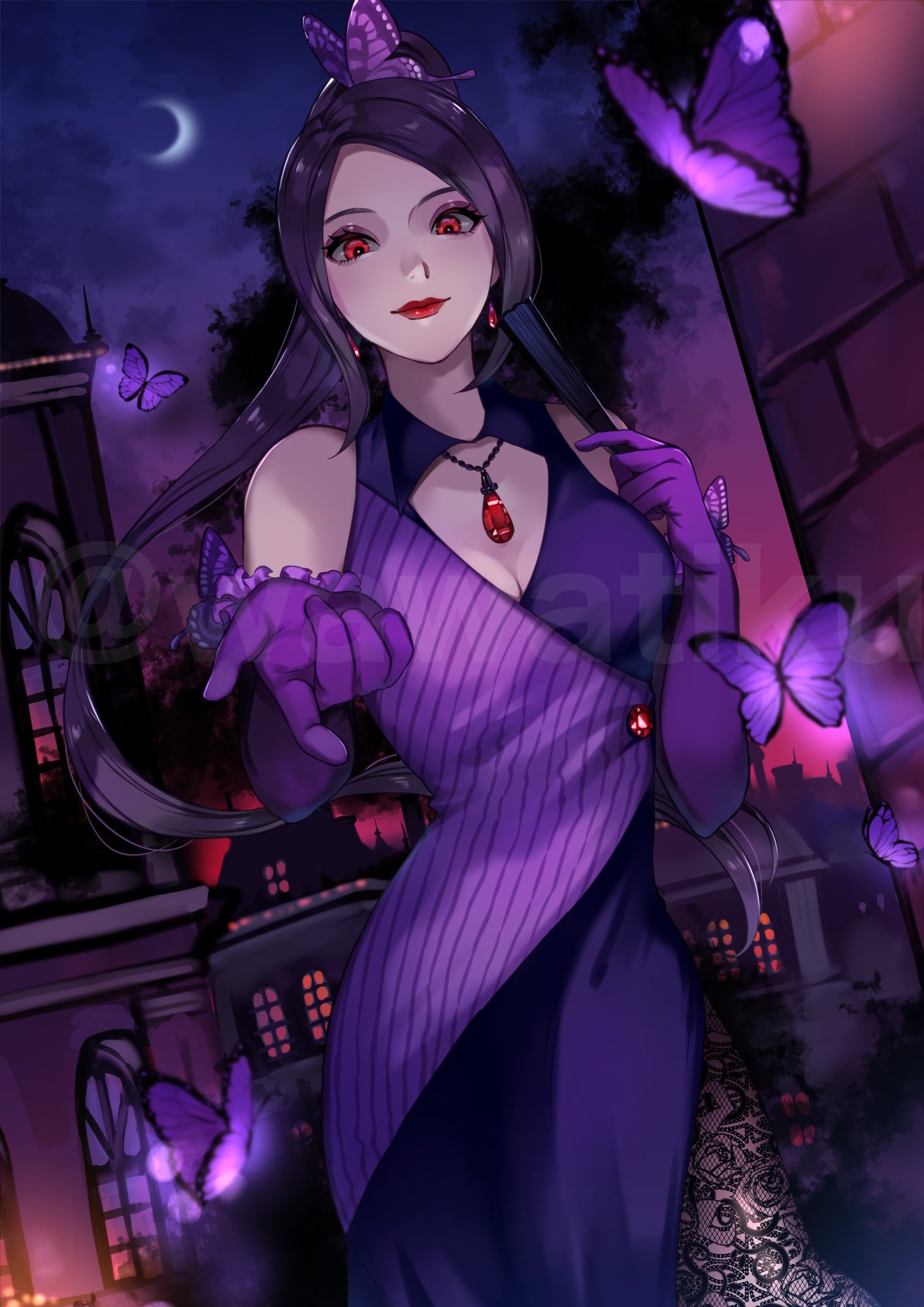 1girl breasts bug butterfly cleavage commission floating_hair folding_fan gloves hand_fan highres holding holding_fan looking_at_viewer medium_breasts michele_malebranche parted_hair pointing ponytail purple_butterfly purple_gloves purple_hair skeb_commission smile solo sound_horizon watermark wawatiku window