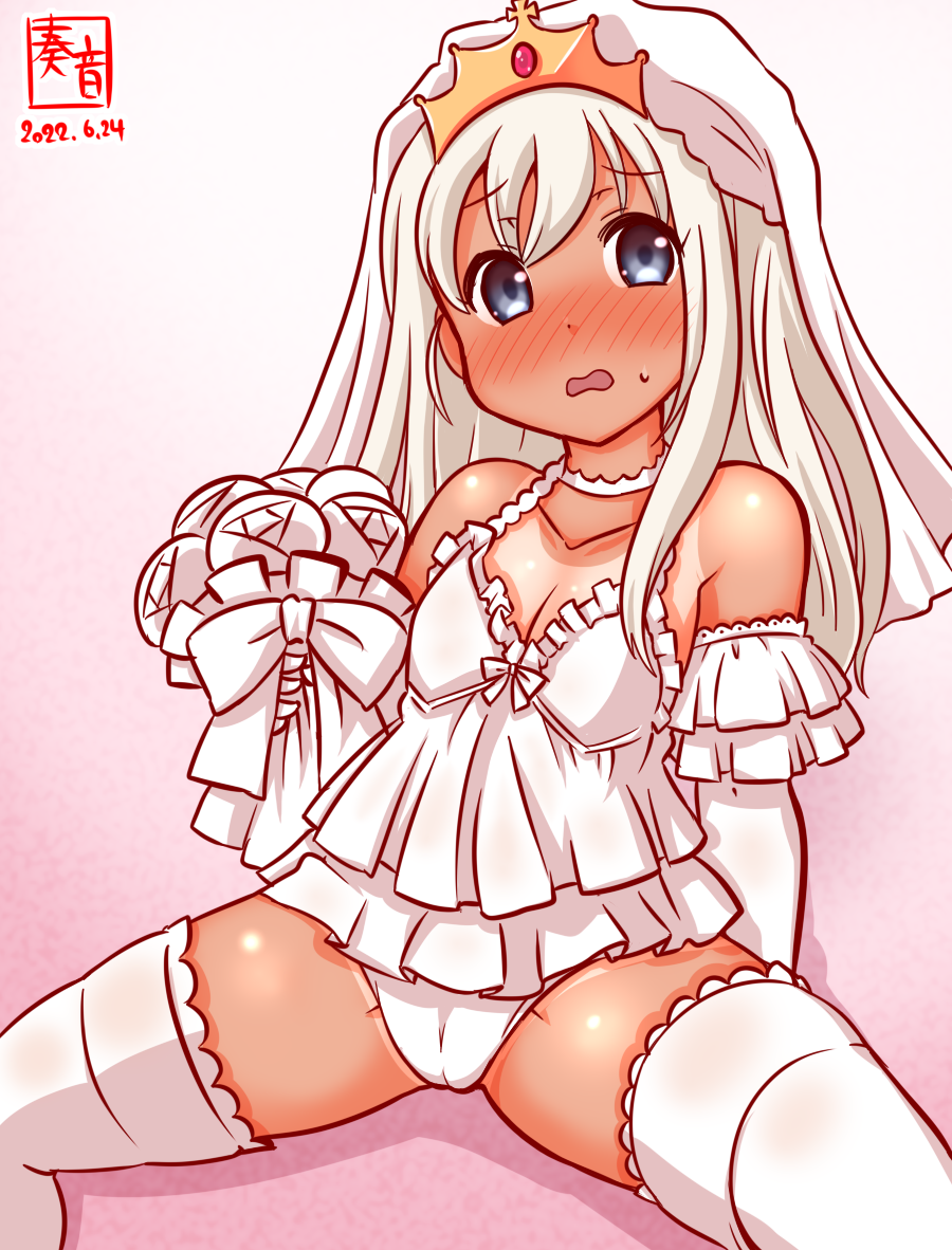 1girl alternate_costume artist_logo blonde_hair blue_eyes blush bouquet breasts bridal_veil cameltoe collarbone commentary_request cowboy_shot dated elbow_gloves frilled_gloves frills gloves gradient gradient_background invisible_chair kanon_(kurogane_knights) kantai_collection lace_trim long_hair looking_at_viewer nose_blush one-hour_drawing_challenge one-piece_tan pink_background ro-500_(kancolle) sitting small_breasts solo spread_legs tan tanlines teddy thighhighs tiara veil white_gloves white_legwear