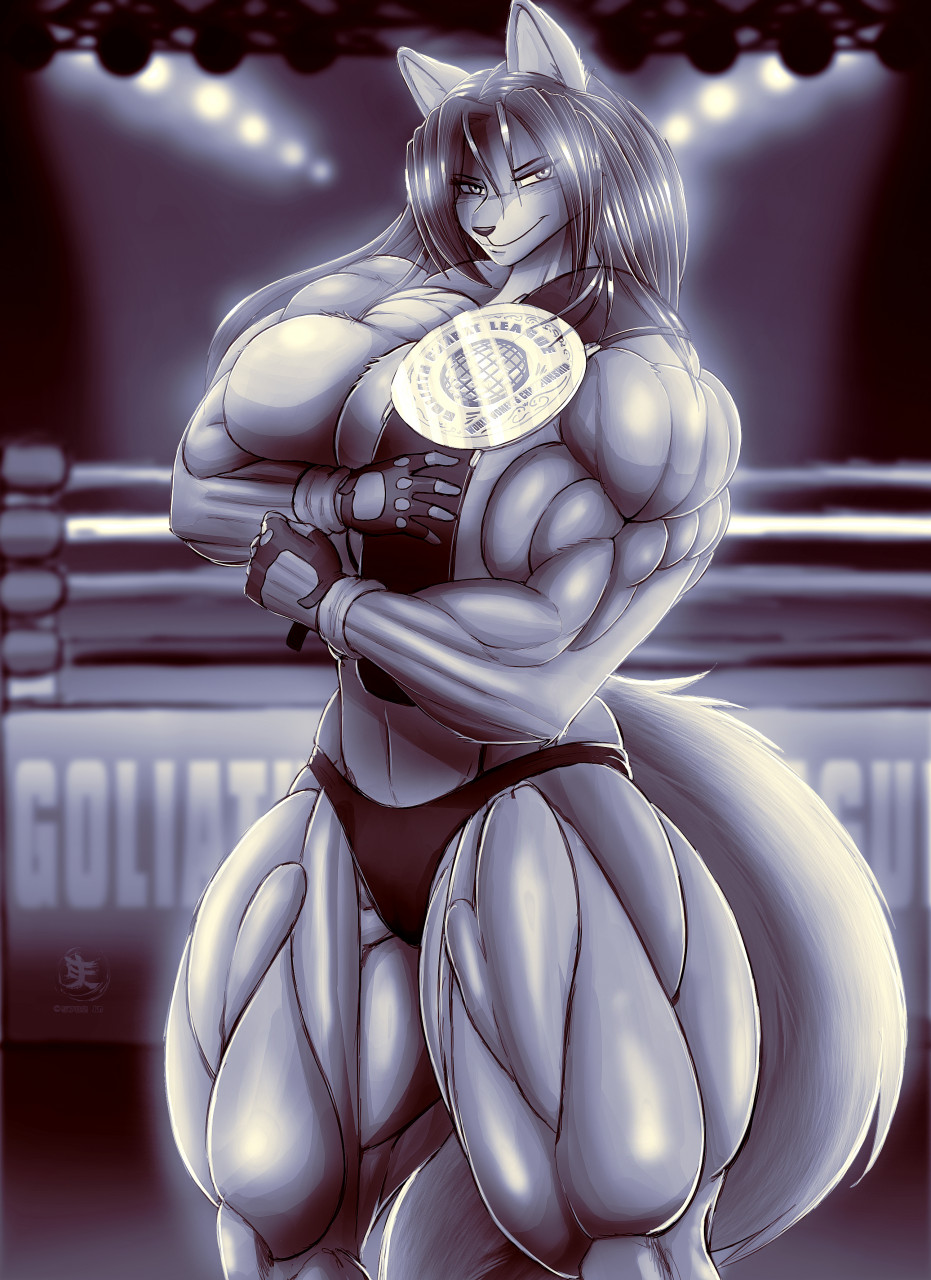 2022 5_fingers anthro breasts canid canine canis championship_belt clothed clothing cylnx female fighting_ring fingerless_gloves fingers fur gloves hair handwear hi_res looking_at_viewer luka_cross mammal muscular muscular_anthro muscular_female navel panties signature smile solo standing topless topless_anthro topless_female underwear wolf