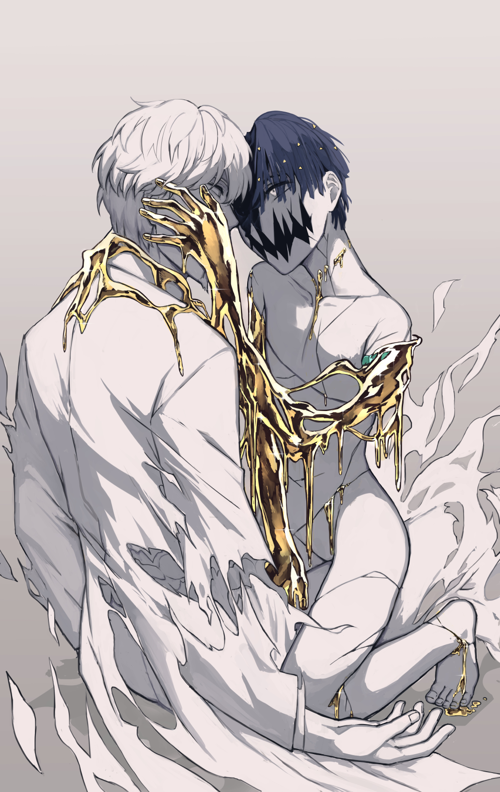 1boy 1other arms_at_sides bangs barbata barefoot blue_eyes collarbone commentary completely_nude cracked_skin dissolving dissolving_clothes english_commentary eye_contact face-to-face golden_arms grey_background hand_on_another's_cheek hand_on_another's_face highres hollow_mouth houseki_no_kuni kneeling labcoat liquid long_sleeves looking_at_another monster nude one-eyed pants phosphophyllite phosphophyllite_(gemstone) phosphophyllite_(ll) short_hair simple_background sitting sparkle spoilers torn_clothes torn_coat white_eyes white_hair zakirsiz