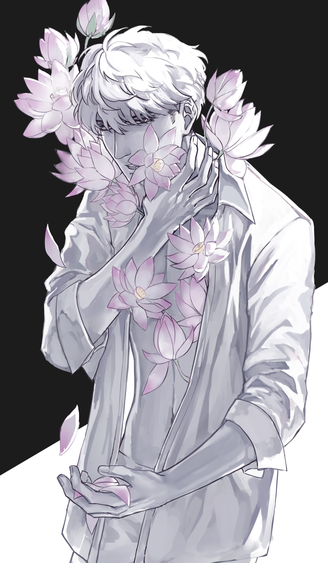 1boy bangs barbata black_background collared_shirt commentary dress_shirt english_commentary flower hair_over_eyes hand_on_own_neck highres holding holding_petal houseki_no_kuni long_sleeves looking_away lotus male_focus navel overgrown parted_lips petals pink_flower shirt sideburns sleeves_folded_up solo two-tone_background upper_body white_background white_hair white_shirt zakirsiz