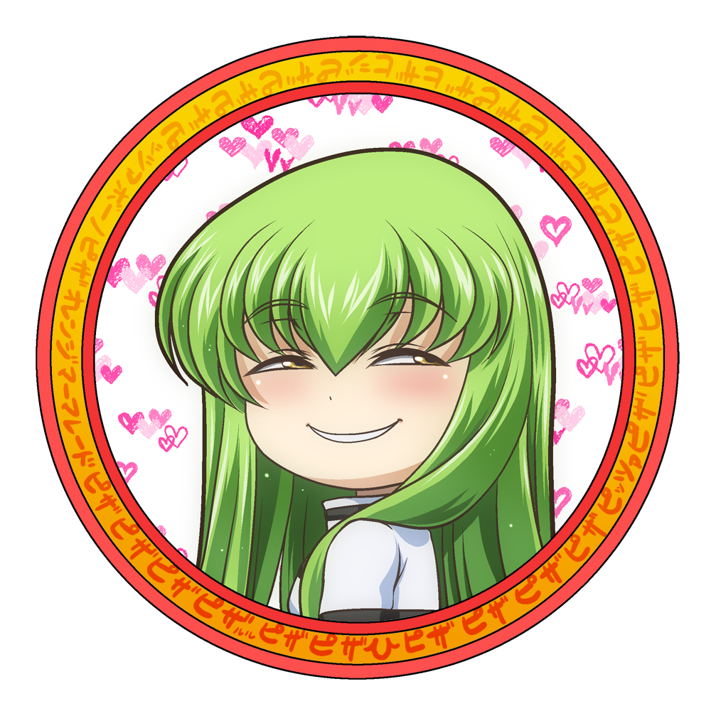 1girl anya's_heh_face_(meme) blush bodysuit c.c. circle code_geass commentary_request eyebrows_behind_hair eyes_visible_through_hair green_hair hair_between_eyes heart kaname_aomame knights_of_the_round_uniform long_hair looking_to_the_side meme parody round_image smile solo spy_x_family transparent_background white_bodysuit yellow_eyes
