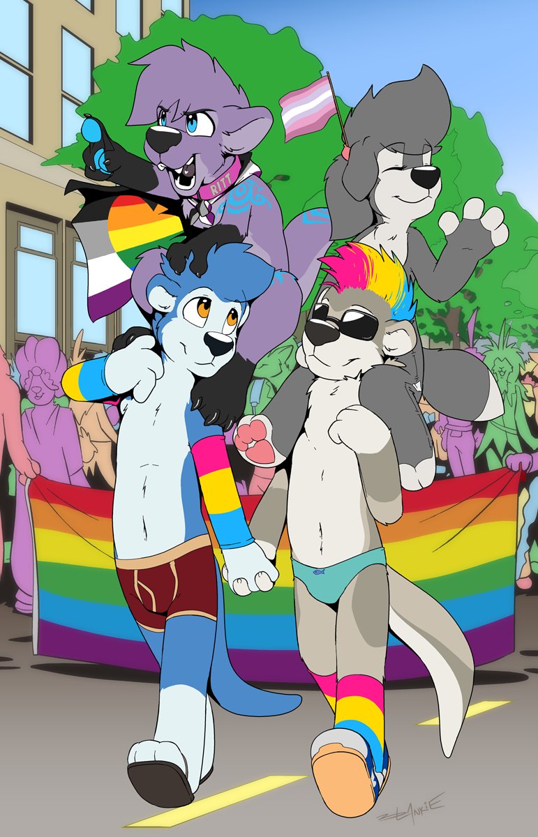 anthro asexual_pride_colors blankieplush clothing group hi_res lgbt_history_month lgbt_pride lutrine male male/male mammal mustelid parade plushie pride_color_clothing pride_colors