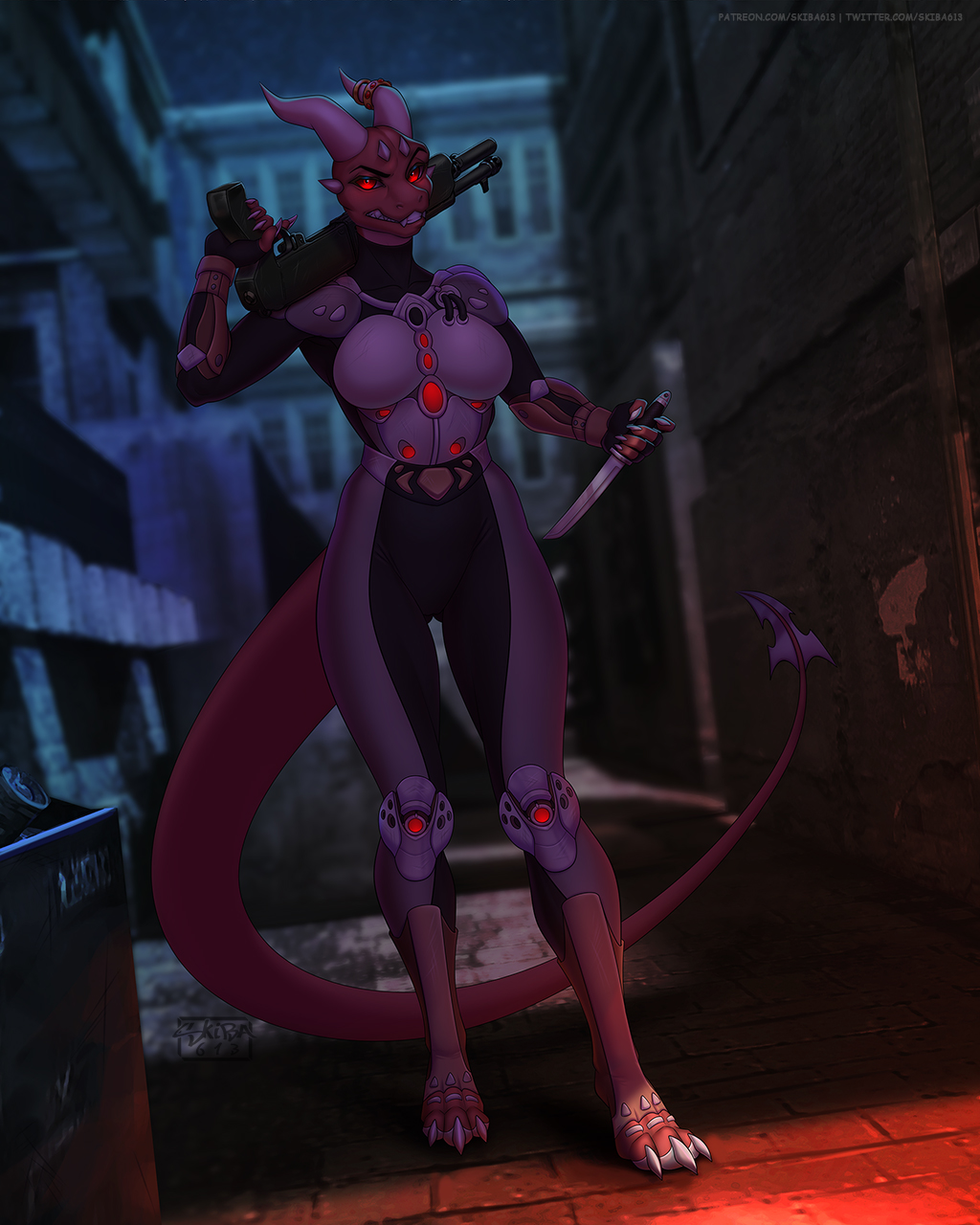 2022 5_fingers anthro breasts city claws clothed clothing detailed_background digital_media_(artwork) dragon eyebrows eyelashes female fingers hi_res horn night non-mammal_breasts outside red_eyes skiba613 solo standing wingless_dragon