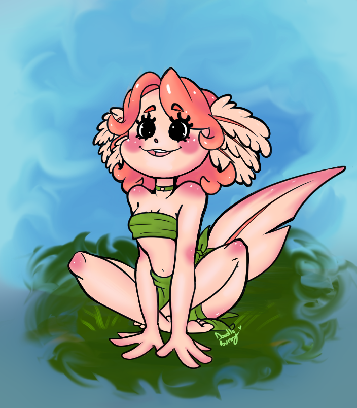 amphibian anthro axolotl black_eyes blue_background blush blushing_profusely choker clothing crossed_legs doodlebunnyart eyelashes female grass grass_skirt hair hands_on_ground jewelry mole_salamander necklace plant red_hair salamander_(amphibian) simple_background sitting smile swimwear