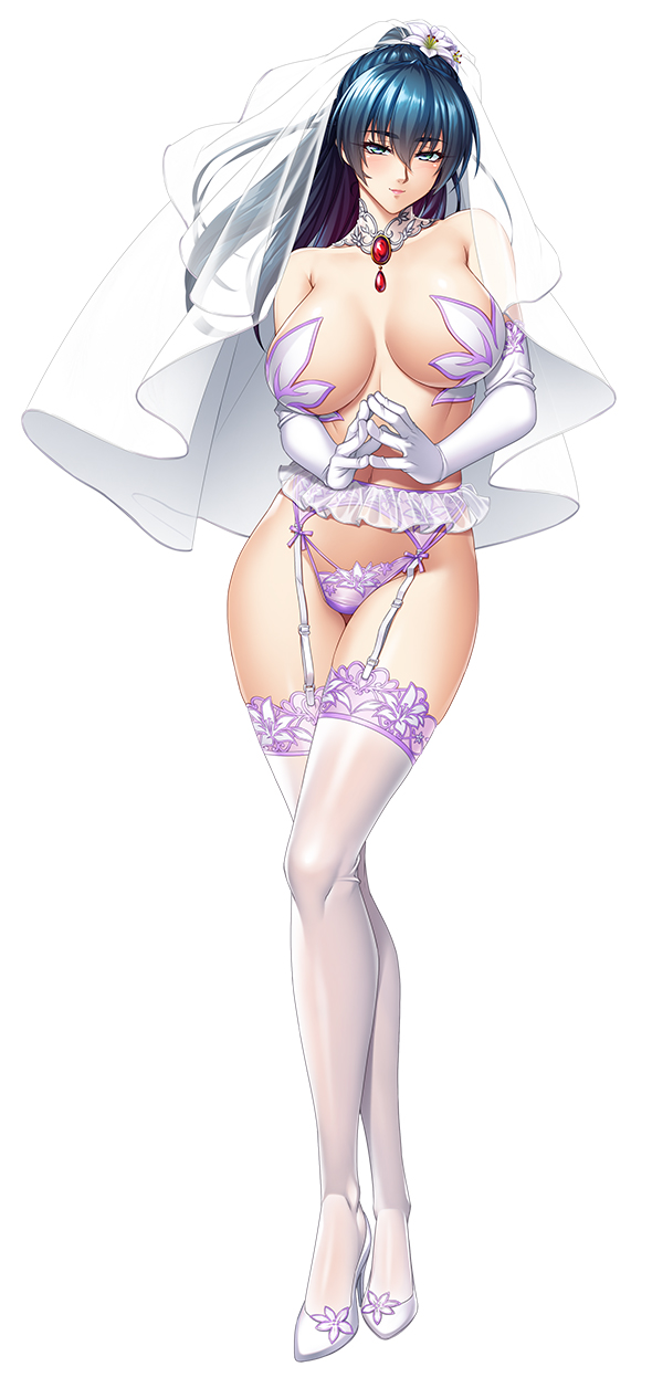 bare_shoulders black_hair blue_eyes blue_hair breasts breasts_apart bridal_veil closed_mouth covering covering_breasts elbow_gloves eyelashes frilled_skirt frills full_body garter_straps gem gloves hair_between_eyes high_heels highres igawa_asagi kagami_hirotaka lace-trimmed_legwear lace-trimmed_panties lace_trim large_breasts lingerie looking_at_viewer microskirt own_hands_together panties revealing_clothes shadow shiny shiny_hair simple_background skirt solo taimanin_(series) taimanin_asagi thick_eyebrows thighhighs underwear veil white_background white_footwear white_gloves white_legwear