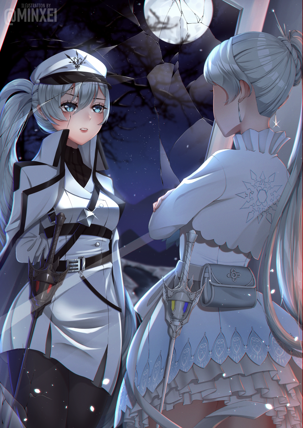 2girls arm_behind_back bare_tree belt black_belt black_legwear blue_eyes breasts broken_mirror coat commission cracked_glass cropped_jacket crossed_arms dress dual_persona earrings english_commentary frills full_moon glint hair_ornament hat highres jewelry long_hair military military_hat military_uniform minxei mirror moon multiple_girls myrtenaster night night_sky no_scar official_alternate_costume pantyhose parted_lips peaked_cap pouch rapier reflection rwby rwby_ice_queendom shiny shiny_hair side_ponytail sky snowflake_print star_(sky) starry_sky sword tiara tree uniform very_long_hair weapon weiss_schnee white_belt white_coat white_dress white_hair