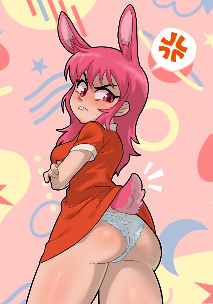 aged_up anais_watterson angry animal_humanoid blush breasts buckteeth butt cartoon_network centinel303 clothed clothing crossed_arms female hair humanoid inner_ear_fluff lagomorph lagomorph_humanoid leporid_humanoid looking_back mammal mammal_humanoid panties pink_eyes pink_hair rabbit_humanoid simple_background solo teeth the_amazing_world_of_gumball tuft underwear