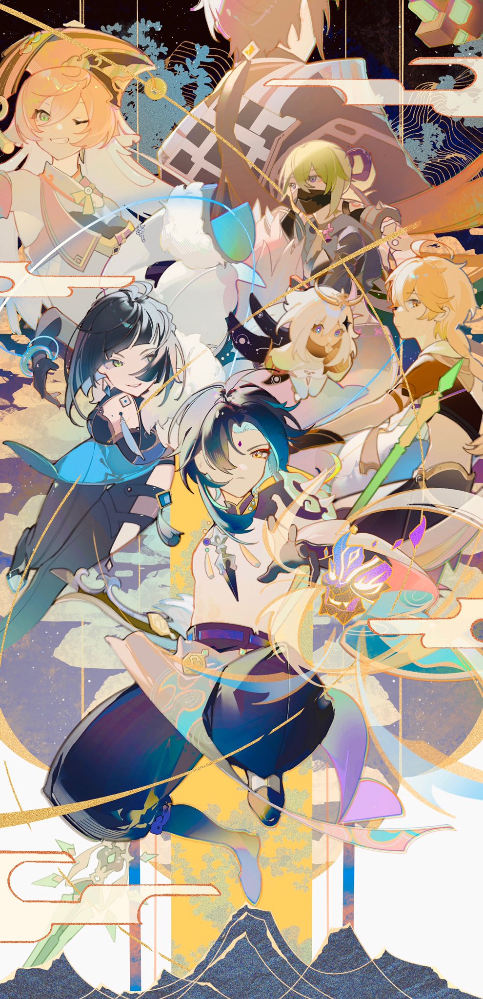3boys 3girls abstract_background aether_(genshin_impact) ahoge antenna_hair antlers aqua_eyes aqua_hair arm_guards armor asymmetrical_clothes asymmetrical_hair bangs bare_shoulders black_cape black_coat black_gloves black_hair black_legwear black_pants blonde_hair bow breasts bright_pupils cape cleavage cleavage_cutout clothing_cutout cloud coat crop_top crossed_bangs diamond_(shape) dress elbow_gloves eyeshadow facial_mark facing_away floating forehead_mark from_behind from_side fur_trim genshin_impact gloves gold_trim green_eyes green_hair hair_between_eyes hair_bow hair_intakes hair_over_one_eye hat_ornament highres holding holding_polearm holding_weapon hollning jumping kuki_shinobu leggings long_sleeves looking_at_viewer low_braid low_ponytail makeup mask mechanical_halo medium_breasts medium_hair midriff mole mole_on_breast mountain mouth_mask multicolored_eyes multiple_boys multiple_girls ninja_mask one_eye_closed one_eye_covered paimon_(genshin_impact) pants parted_bangs parted_lips pelvic_curtain pink_hair polearm ponytail primordial_jade_winged-spear_(genshin_impact) purple_dress purple_eyes red_eyeshadow red_headwear serious shirt short_hair_with_long_locks short_sleeves shoulder_armor shoulder_pads shoulder_spikes sidelocks single_thighhigh small_breasts smile spikes tassel tassel_hat_ornament teeth thighhighs toned toned_male turning_head weapon white_hair white_legwear white_pupils white_shirt xiao_(genshin_impact) yanfei_(genshin_impact) yelan_(genshin_impact) yellow_eyes zhongli_(genshin_impact)
