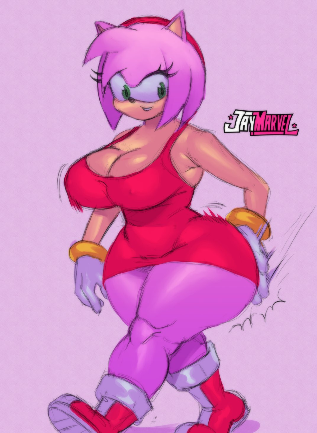 accessory amy_rose anthro big_breasts big_butt black_pupils bracelet breasts butt butt_slap cleavage clothed clothing dress eulipotyphlan female footwear gloves green_eyes hair hair_accessory hairband handwear hedgehog hi_res huge_thighs jay-marvel jewelry mammal multicolored_body nipple_outline pink_hair pupils sega shoes slap solo sonic_the_hedgehog_(series) thick_thighs two_tone_body