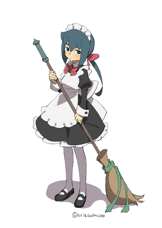 1girl :/ ahoge alternate_costume apron arikindows10 back_bow bangs black_dress black_footwear blue_hair blush bow bowtie broom closed_mouth collared_dress commentary constanze_amalie_von_braunschbank-albrechtsberger dress enmaided frilled_apron frilled_dress frills full_body green_eyes green_ribbon hair_between_eyes hair_bow hair_ornament holding holding_broom juliet_sleeves little_witch_academia long_hair long_sleeves looking_at_viewer low_ponytail maid maid_headdress mary_janes pantyhose puffy_sleeves red_bow red_bowtie ribbon shoes sidelocks simple_background solo standing thick_eyebrows twitter_username white_apron white_background white_bow white_legwear wrist_cuffs