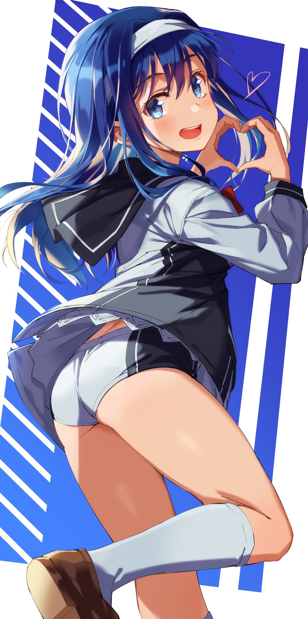 1girl ass black_shorts blue_eyes blue_hair blush futaba_aoi_(vividred_operation) hairband heart heart_hands highres long_hair looking_at_viewer looking_back michairu national_shin_ooshima_school_uniform open_mouth school_uniform shiny shiny_hair shorts simple_background smile socks solo two-tone_shorts vividred_operation white_legwear white_shorts