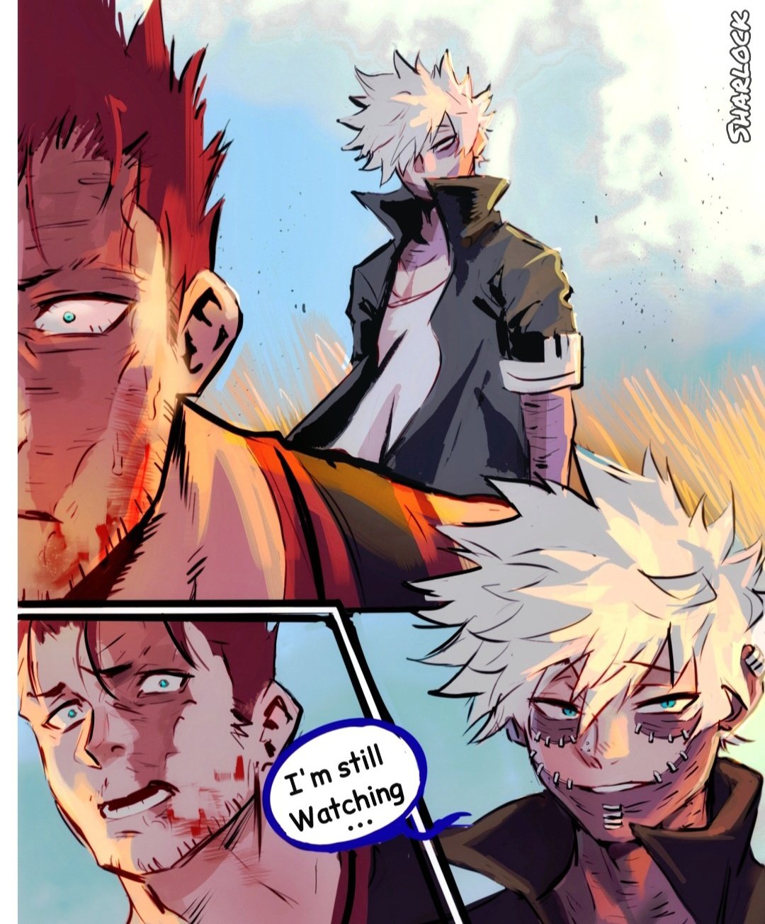 2boys black_jacket blood blood_on_face blue_eyes boku_no_hero_academia burn_scar cheek_piercing comic_sans commentary dabi_(boku_no_hero_academia) endeavor_(boku_no_hero_academia) english_commentary english_text father_and_son fire highres jacket male_focus mature_male messy_hair multiple_boys multiple_scars open_mouth piercing scar scar_on_neck sharl0ck speech_bubble spoilers staple stapled stitches white_hair
