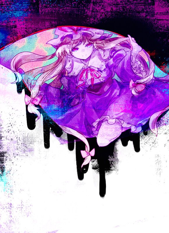 1girl bow center_frills collared_dress dress frilled_dress frilled_shirt_collar frilled_sleeves frills gap_(touhou) hair_bow hat hat_ribbon holding ink leaking long_hair long_sleeves looking_at_viewer mob_cap neck_ribbon noise parmesan_(168n) pink_bow pink_eyes pink_ribbon psychedelic purple_dress purple_sash ribbon sash smile solo touhou white_headwear wide_sleeves yakumo_yukari