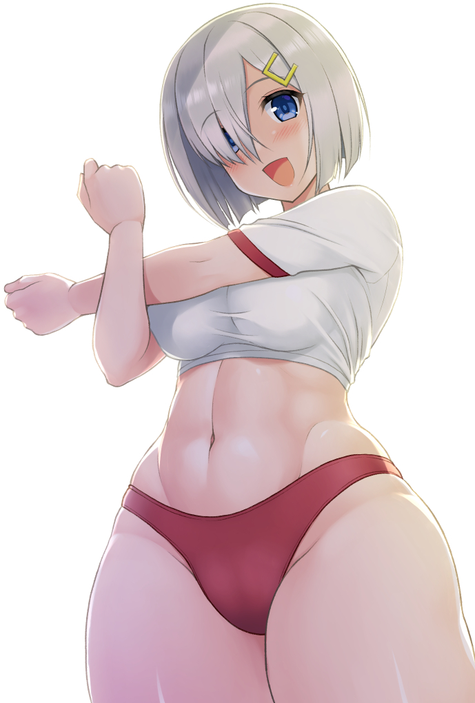 1girl abs blue_eyes blush breasts buruma commentary_request crossed_arms from_below hair_ornament hair_over_one_eyes hairclip hamakaze_(kantai_collection) hormone_koijirou impossible_clothes kantai_collection large_breasts looking_at_viewer looking_down navel open_mouth panties red_panties shiny shiny_hair shiny_skin shirt short_hair short_sleeves silver_hair simple_background skindentation solo underwear white_background white_shirt