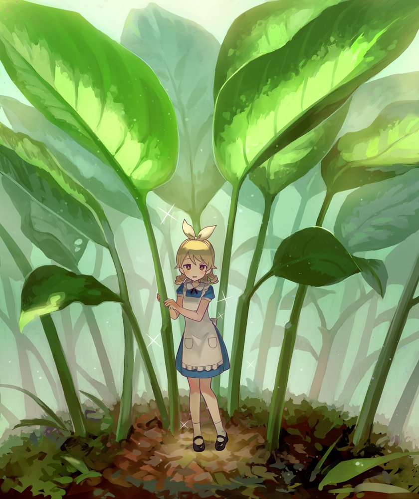 1girl alice_(wonderland) alice_(wonderland)_(cosplay) alice_in_wonderland apron bangs bare_arms blonde_hair blue_dress blush bow brown_eyes collared_dress commentary cosplay day dress drill_hair grass hair_bow hairband hands_up idolmaster idolmaster_cinderella_girls knees_together_feet_apart leaf looking_at_viewer mary_janes medium_hair minigirl morikubo_nono open_mouth outdoors parody plant puffy_sleeves ringlets shoes short_sleeves socks solo sparkle standing teki_(kakari) white_bow white_hairband white_legwear