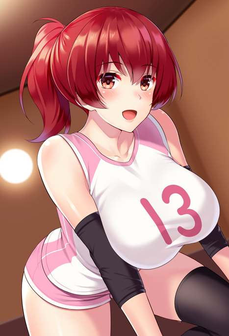 1girl bangs bare_shoulders blush breast_squeeze breasts colored_eyelashes commentary_request elbow_pads eyebrows_visible_through_hair gym_shorts gym_uniform high_ponytail huyumitsu indoors knee_pads large_breasts leaning_forward long_hair looking_at_viewer number open_mouth original pink_shorts ponytail red_eyes red_hair shirt shorts sleeveless sleeveless_shirt solo sportswear uniform volleyball_uniform white_shirt