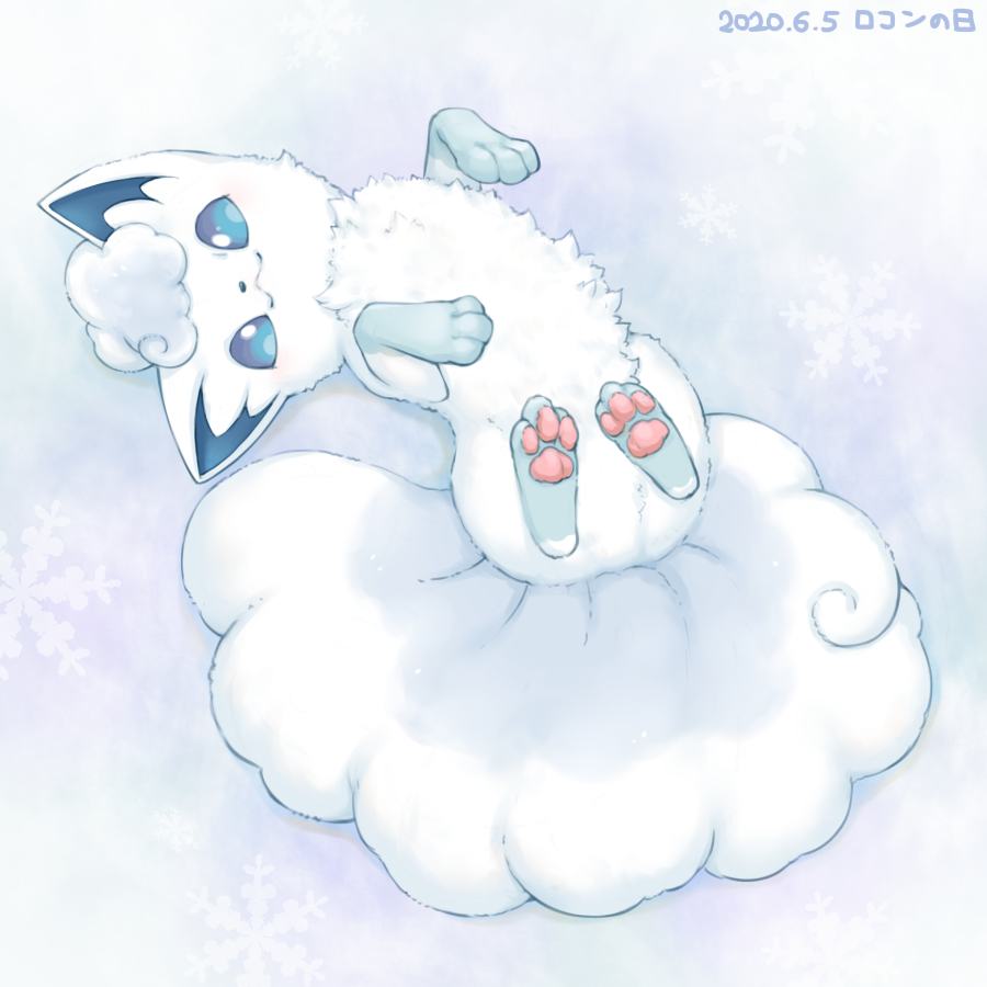 2020 alolan_vulpix animal_focus blue_eyes dated fluffy full_body kemonomichi_(blue_black) looking_at_viewer lying no_humans on_back pokemon snowflakes solo white_background