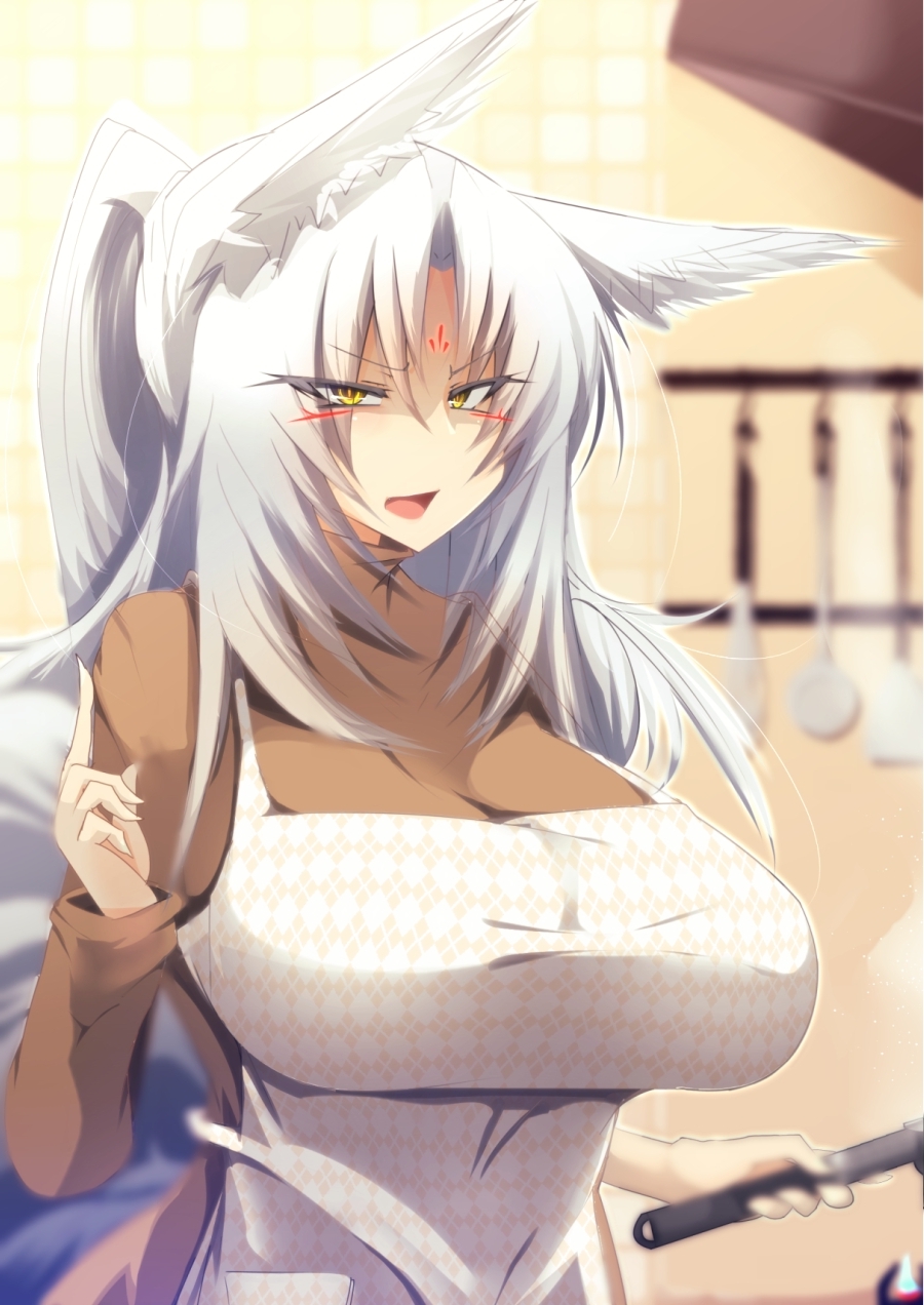 1girl animal_ears apron breasts cooking fox_ears fox_girl fox_tail highres huge_breasts kitsune kouseki0024 original solo tail white_hair