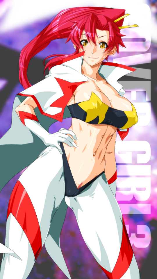1girl abs bandeau breasts cape cleavage covered_navel covered_nipples feet_out_of_frame hair_ornament hair_stick hand_on_hip large_breasts long_hair midriff orange_eyes ponytail pubic_hair qkat_(arikawa-dou) red_hair shadow skin_tight smile solo space_yoko strapless tengen_toppa_gurren_lagann tube_top yoko_littner