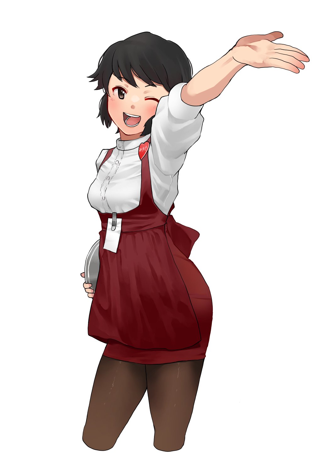 1girl alternate_costume anna_miller apron black_hair black_legwear brown_eyes commentary_request cropped_legs foreshortening highres kantai_collection miyuki_(kancolle) open_mouth red_apron red_skirt round_teeth shirt short_hair simple_background skirt smile solo teeth tooku_nomura_(artist) tray upper_teeth waitress wavy white_background white_shirt