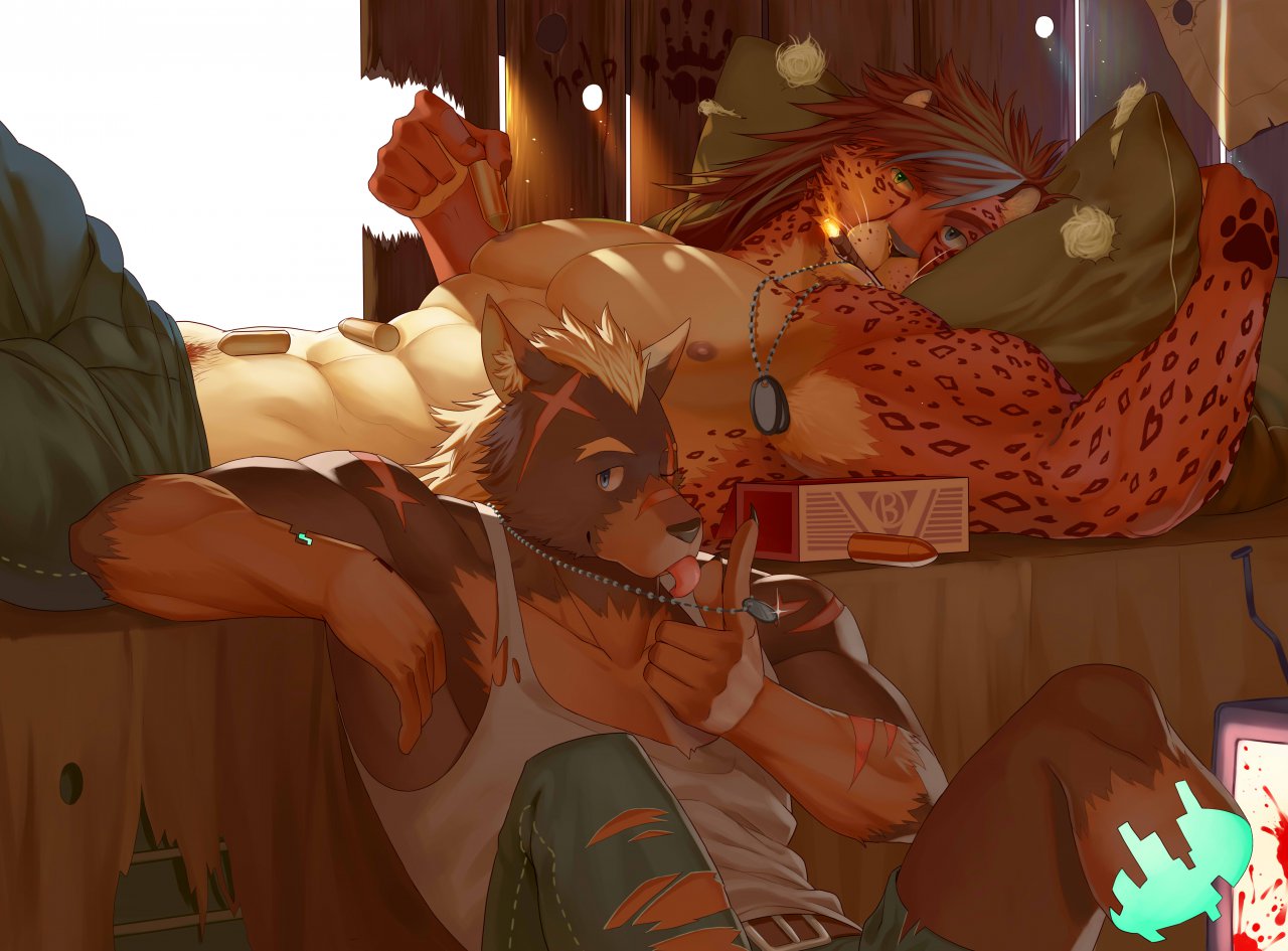 amputation anthro bedroom big_muscles bullet canid canine duo felid glowing leaning leaning_back light male mammal muscular muscular_anthro muscular_male pantherine pecs smoking sunlight tkfkd5362 undertaker