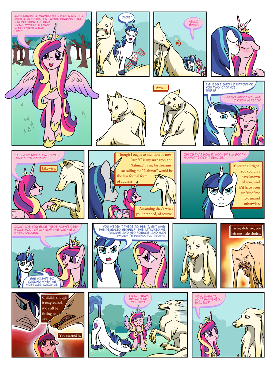 angry arofa_nahmat arofatamahn blush canid canine cutie_mark dialogue equid equine fangs female feral friendship_is_magic glowing glowing_horn group hasbro hi_res hooves horn husband husband_and_wife kiss_on_lips kissing looking_back magic male mammal married_couple my_little_pony paws princess_celestia_(mlp) shining_armor_(mlp) snarling spread_wings stepped_on text trio unicorn wife winged_unicorn wings