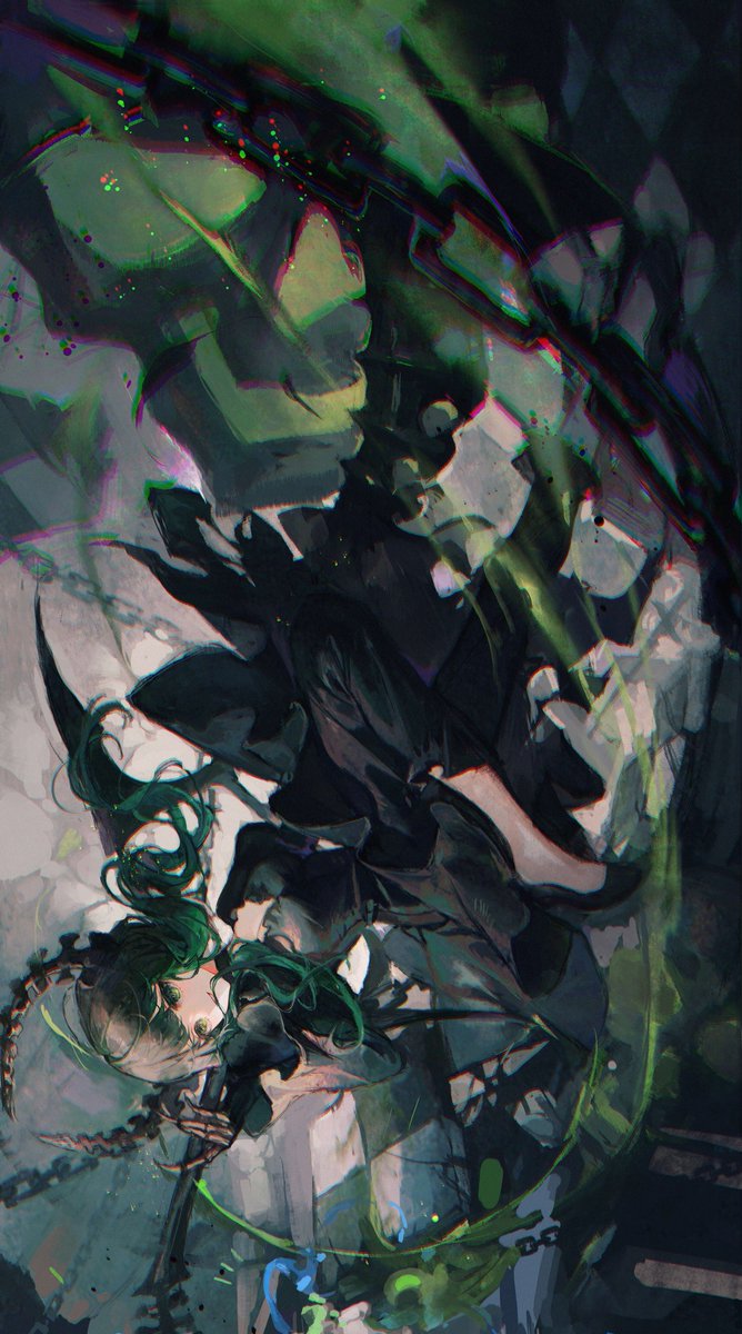 1girl black_dress black_footwear black_hair black_rock_shooter bow breasts chain checkered_floor choker cleavage dead_master dress full_body gauntlets green_eyes green_hair highres holding holding_weapon horns long_hair looking_at_viewer maccha_(mochancc) medium_breasts open_mouth scythe short_dress skull smile solo weapon white_bow