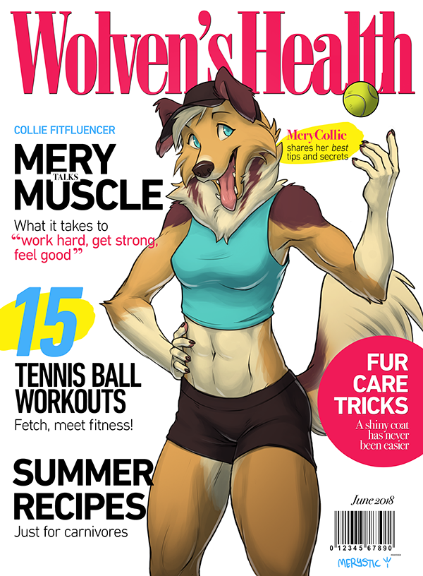 5_fingers abs anthro arm_tuft ball blue_eyes breasts canid canine canis cheek_tuft chest_tuft clothed clothing collie cover digital_media_(artwork) domestic_dog elbow_tufts english_text facial_tuft female fingers fur hair hand_on_hip herding_dog magazine magazine_cover mammal merycollie_(merystic) merystic muscular muscular_anthro navel open_mouth pastoral_dog sheepdog smile solo standing teeth tennis_ball text tongue tongue_out topwear tuft white_body white_fur
