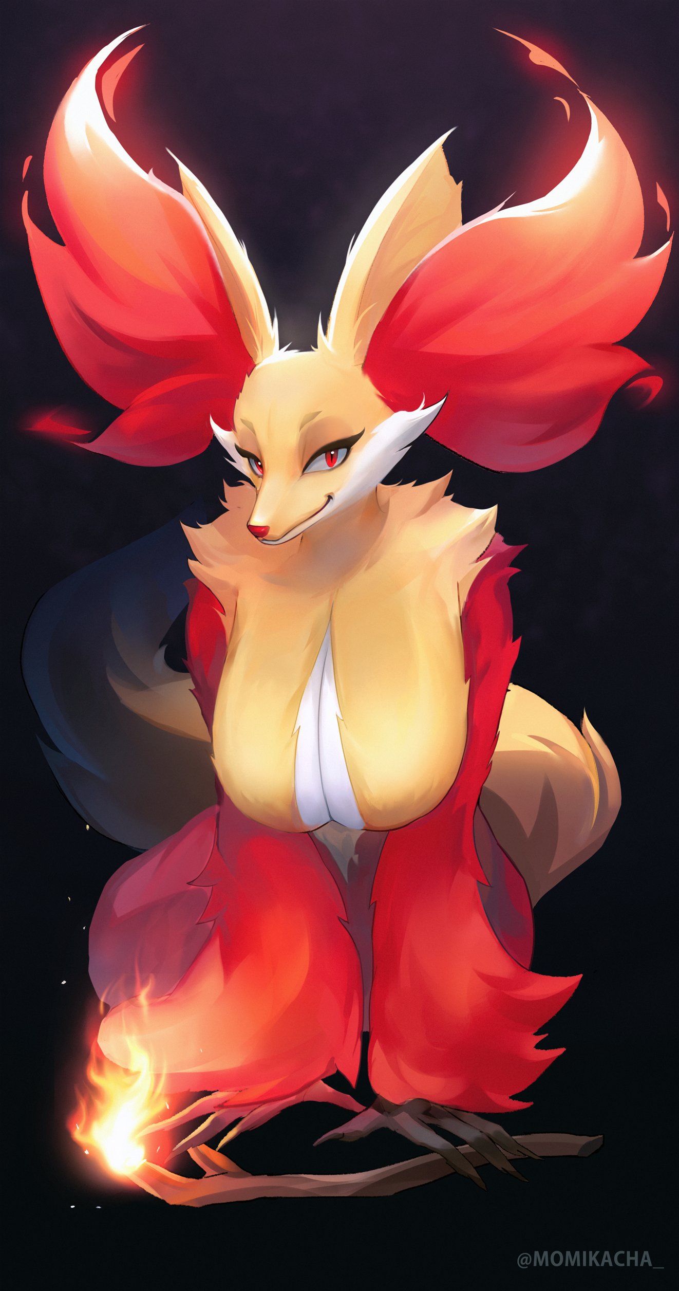 1girl absurdres animal_ear_fluff animal_ears animal_nose arm_support artist_name black_background body_fur breasts claws cleavage closed_mouth commentary delphox english_commentary fire fox_ears fox_girl fox_tail furry furry_female half-closed_eyes hanging_breasts happy highres holding holding_stick huge_breasts leaning_forward looking_at_viewer mixed-language_commentary momikacha multicolored_fur pokemon pokemon_(creature) red_eyes red_fur simple_background sitting smile snout solo stick tail twitter_username v_arms watermark white_fur yellow_fur