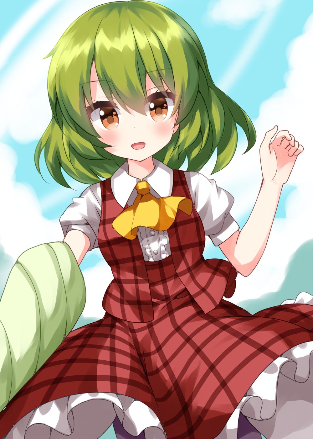 1girl ascot bangs black_legwear center_frills closed_umbrella cloud cloudy_sky collared_shirt commentary_request cowboy_shot frills green_hair happy highres holding holding_umbrella kazami_yuuka looking_at_viewer medium_hair one-hour_drawing_challenge open_mouth outdoors pantyhose plaid plaid_skirt plaid_vest puffy_short_sleeves puffy_sleeves red_skirt red_vest ruu_(tksymkw) shirt short_sleeves skirt sky solo touhou umbrella vest white_shirt yellow_ascot yellow_eyes