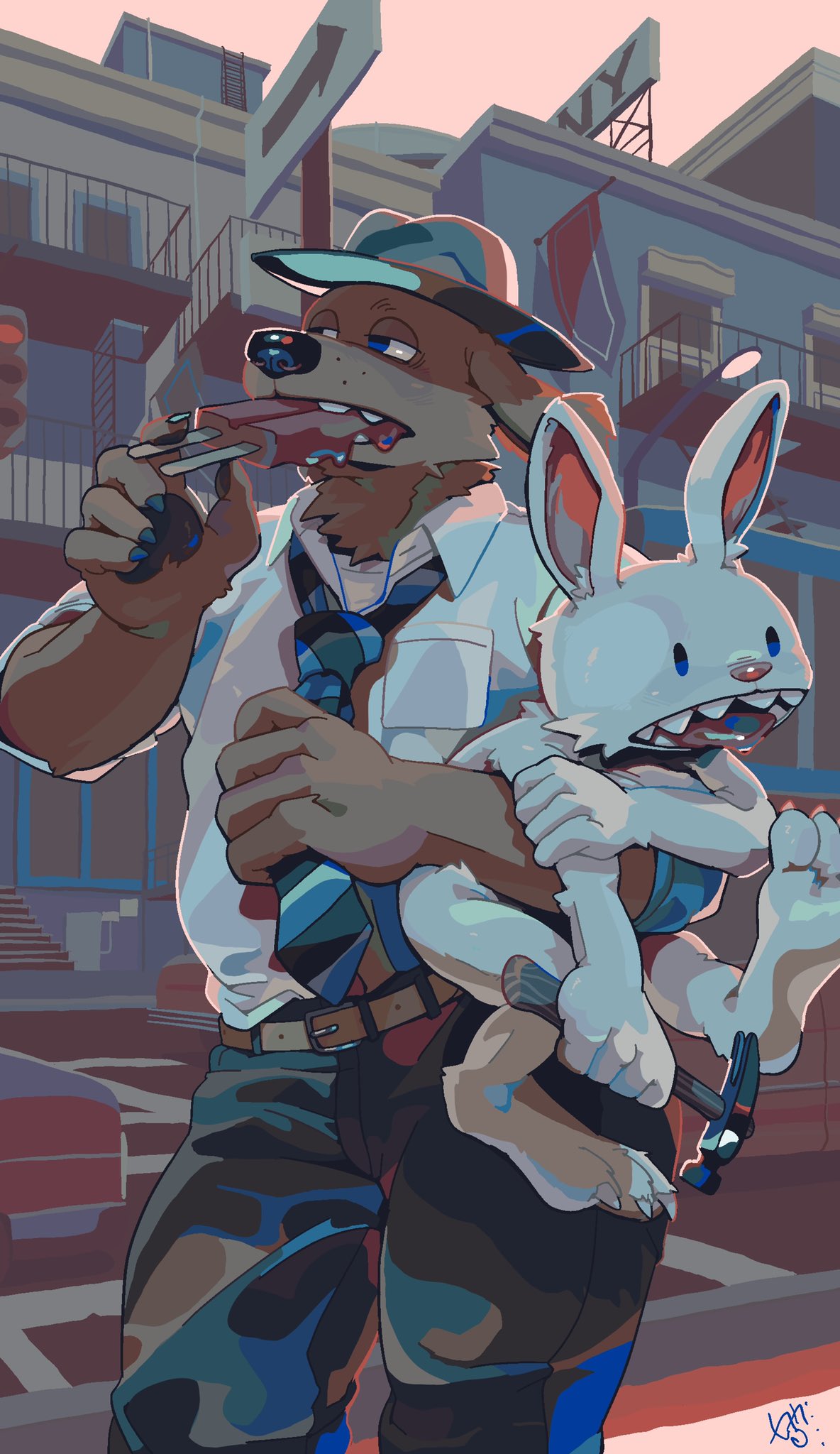 anthro canid canine canis clothing domestic_dog duo food hammer handwear hi_res holding_hammer holding_object holding_tool holding_weapon lagomorph leporid male mammal max_(sam_and_max) popsicle rabbit sam_and_max samuel_dog tongue tongue_out tools vetiver_n weapon