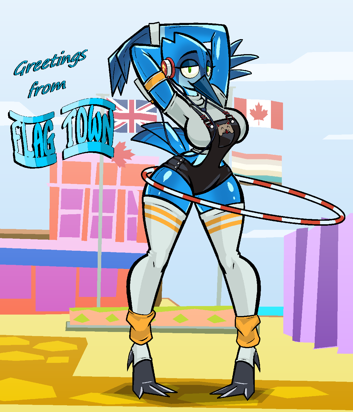 animate_inanimate anthro avian aygee belle_(aygee) bird blue_jay clothing corvid exercise female hi_res inflatable jay_(bird) legwear living_inflatable new_world_jay oscine overalls passerine rubber shirt solo stockings topwear workout workout_clothing