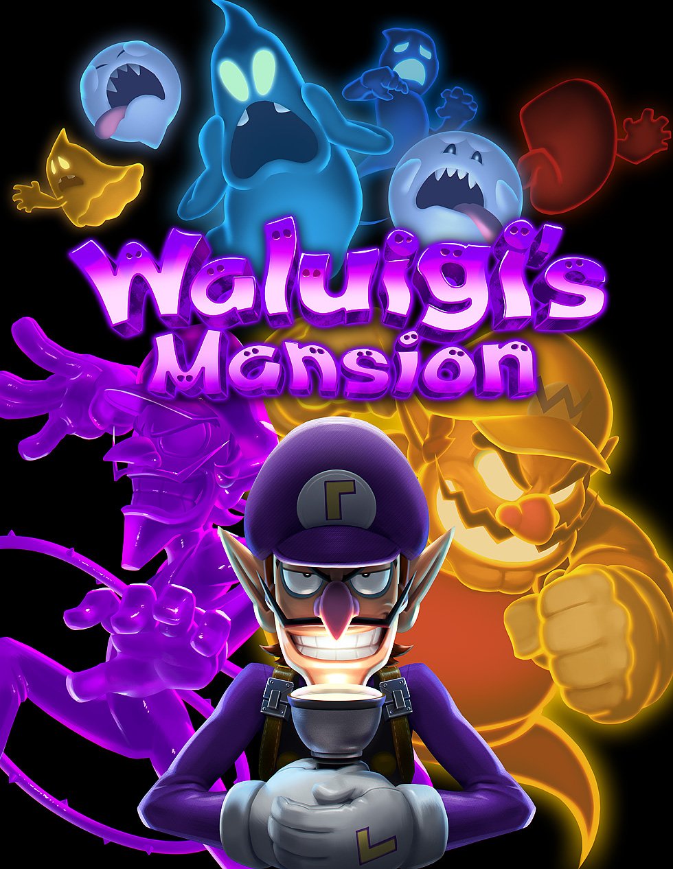 1boy black_background boo_(mario) cover facial_hair gaku_kumatori ghost gloves grin highres holding long_nose long_sleeves looking_at_viewer luigi's_mansion male_focus mario_(series) mustache pointy_ears purple_headwear simple_background smile video_game_cover waluigi wario white_gloves