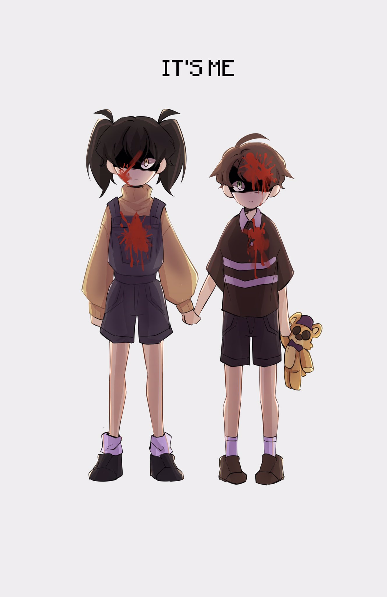 1boy 1girl black_hair blood blood_on_face blue_shorts brown_hair cassidy_(fnaf) crying_child_(fnaf) five_nights_at_freddy's highres holding holding_hands holding_stuffed_toy medium_hair shirt short_hair shorts striped striped_shirt stuffed_animal stuffed_toy suspender_shorts suspenders sweater teddy_bear turtleneck twintails yellow_sweater