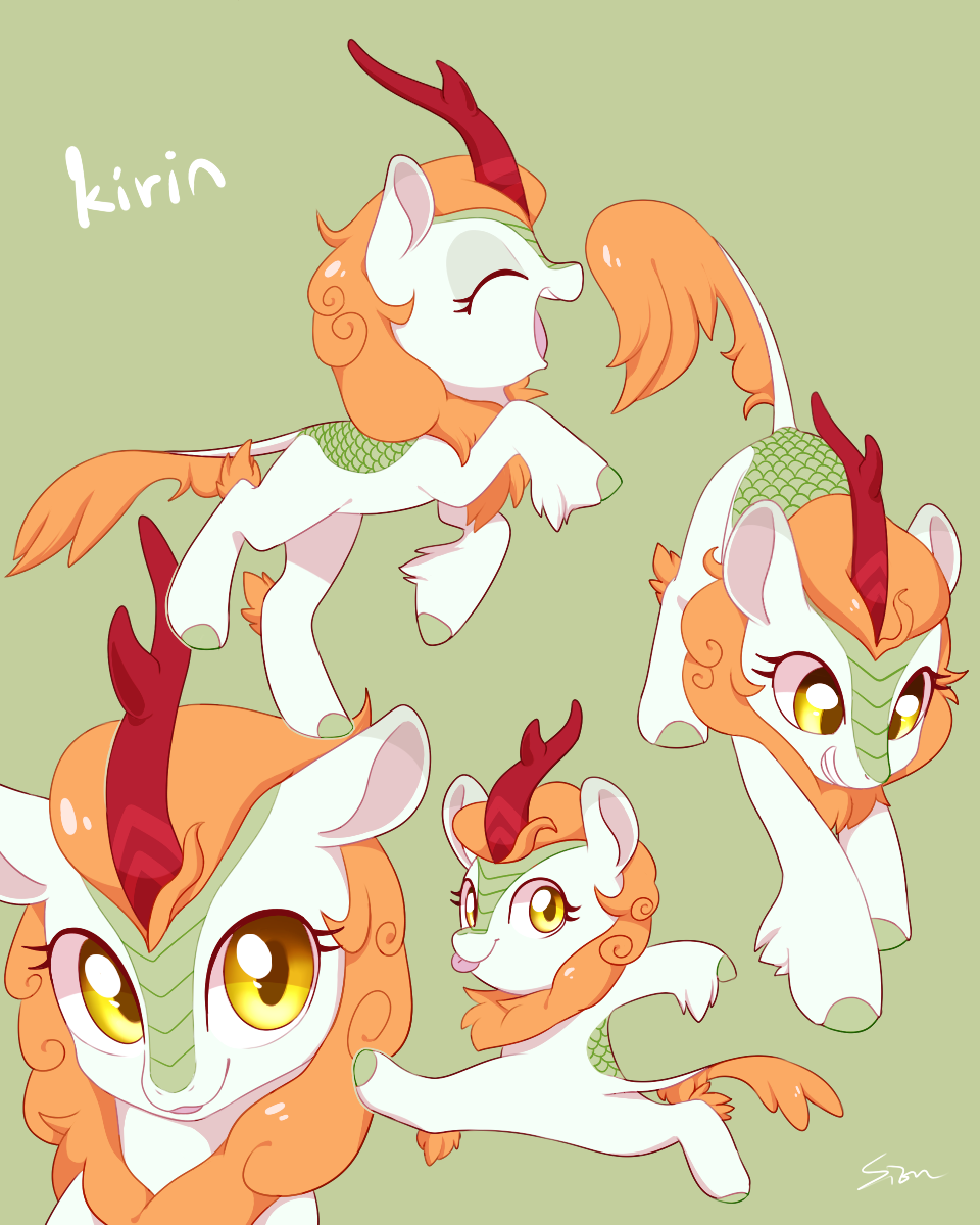 2018 asian_mythology autumn_blaze_(mlp) chinese_mythology digital_media_(artwork) east_asian_mythology eyes_closed female feral friendship_is_magic green_background green_body green_scales happy hasbro hi_res hooves horn kirin long_tail mane my_little_pony mythology open_mouth open_smile orange_mane scales simple_background sion_(artist) smile tongue yellow_eyes