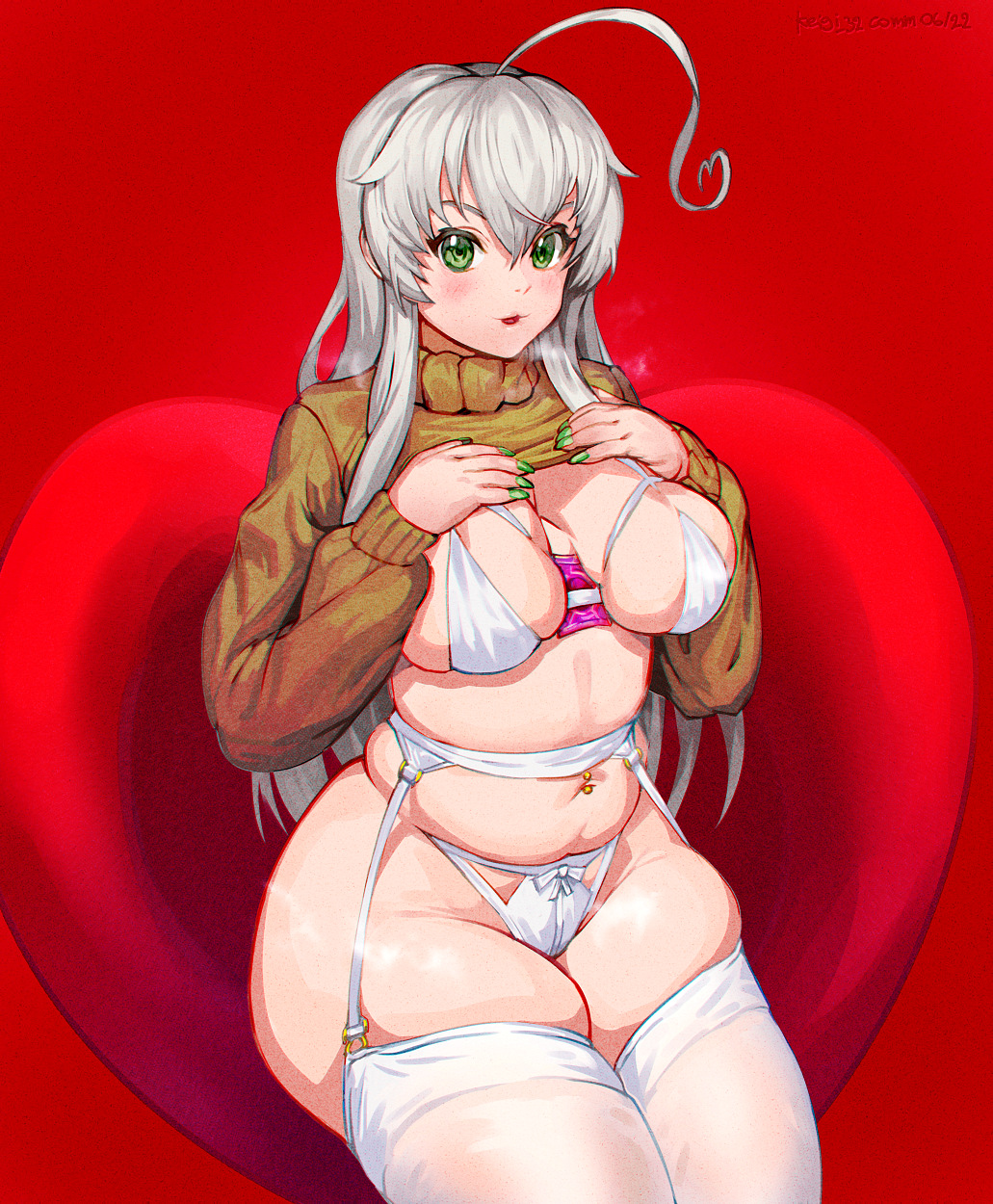 1girl ahoge alternate_breast_size armchair belly between_breasts blush bra breasts brown_sweater chair clothes_lift commission condom condom_in_clothes condom_wrapper fingernails green_eyes green_nails grey_hair haiyore!_nyaruko-san highres huge_ahoge keigi large_breasts lingerie long_hair looking_at_viewer nail_polish navel navel_piercing nyarlathotep_(nyaruko-san) panties piercing plump red_background sitting skindentation solo sweater sweater_lift thick_thighs thighhighs thighs turtleneck turtleneck_sweater underwear white_bra white_garter_belt white_garter_straps white_legwear white_panties