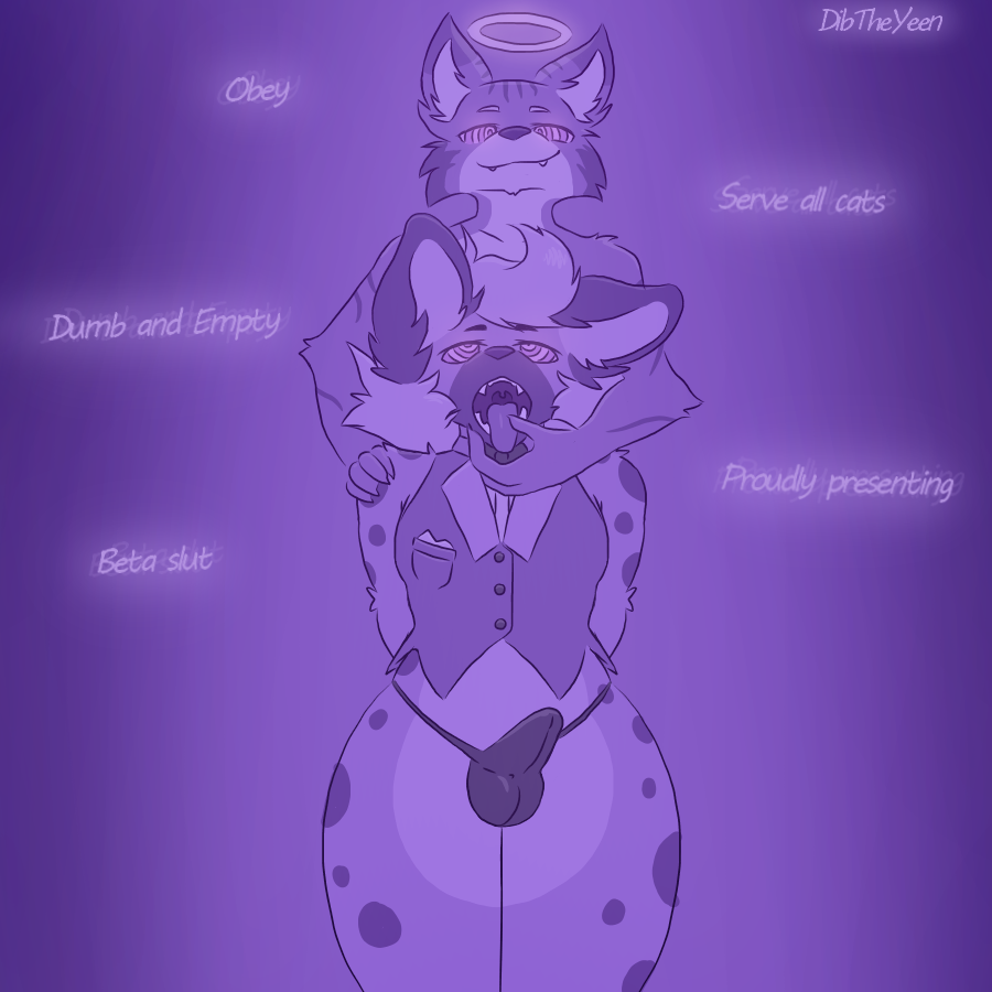 anthro balls bow_tie butler clothed clothing dib_(dibtheyeen) dibtheyeen domestic_cat duo erection erection_under_clothing eye_roll fangs felid feline felis fur genitals hyaenid hypnosis looking_down male male/male mammal mind_control mouth_play open_mouth penis purple_background simple_background skimpy smile spots spotted_body spotted_fur teeth text thong tongue topwear underwear vest