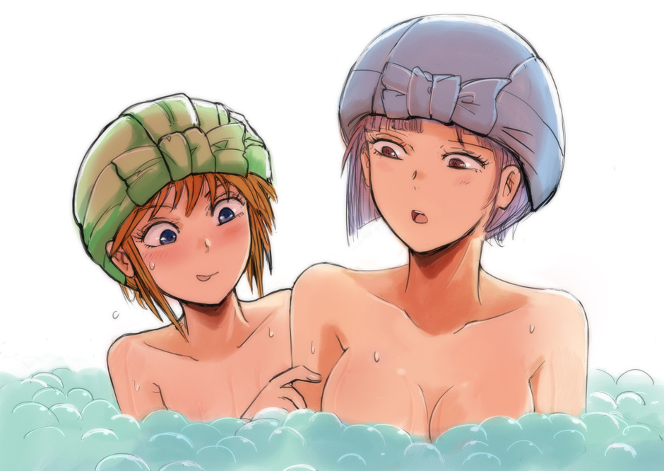 2girls bath blue_eyes breasts bubble bubble_bath collarbone convenient_censoring elpeo_puru flat_chest gacha-m gundam gundam_zz implied_yuri large_breasts multiple_girls nude open_mouth orange_hair purple_hair reaching_out red_eyes roux_louka size_difference tongue tongue_out torso_only towel towel_on_head