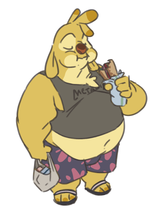 anthro belly bottomwear clothing disney eating eyes_closed food footwear fur lilo_and_stitch male maxpany navel overweight reuben_(lilo_and_stitch) sandals sandwich_(disambiguation) sandwich_(food) shirt shopping_bag shorts simple_background solo submarine_sandwich tank_top topwear white_background yellow_body yellow_fur