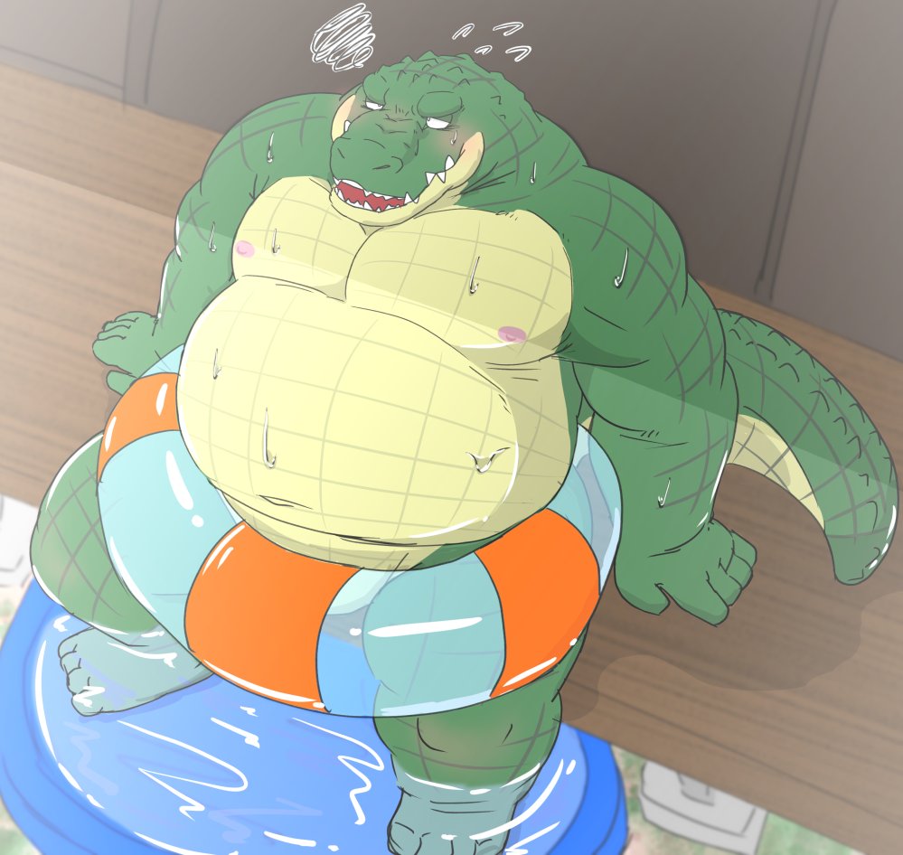 2022 anthro araiguma_11 belly big_belly blush bodily_fluids crocodile crocodilian crocodylid detailed_background green_body humanoid_hands kemono male moobs navel nipples overweight overweight_male reptile scalie sitting solo sweat water