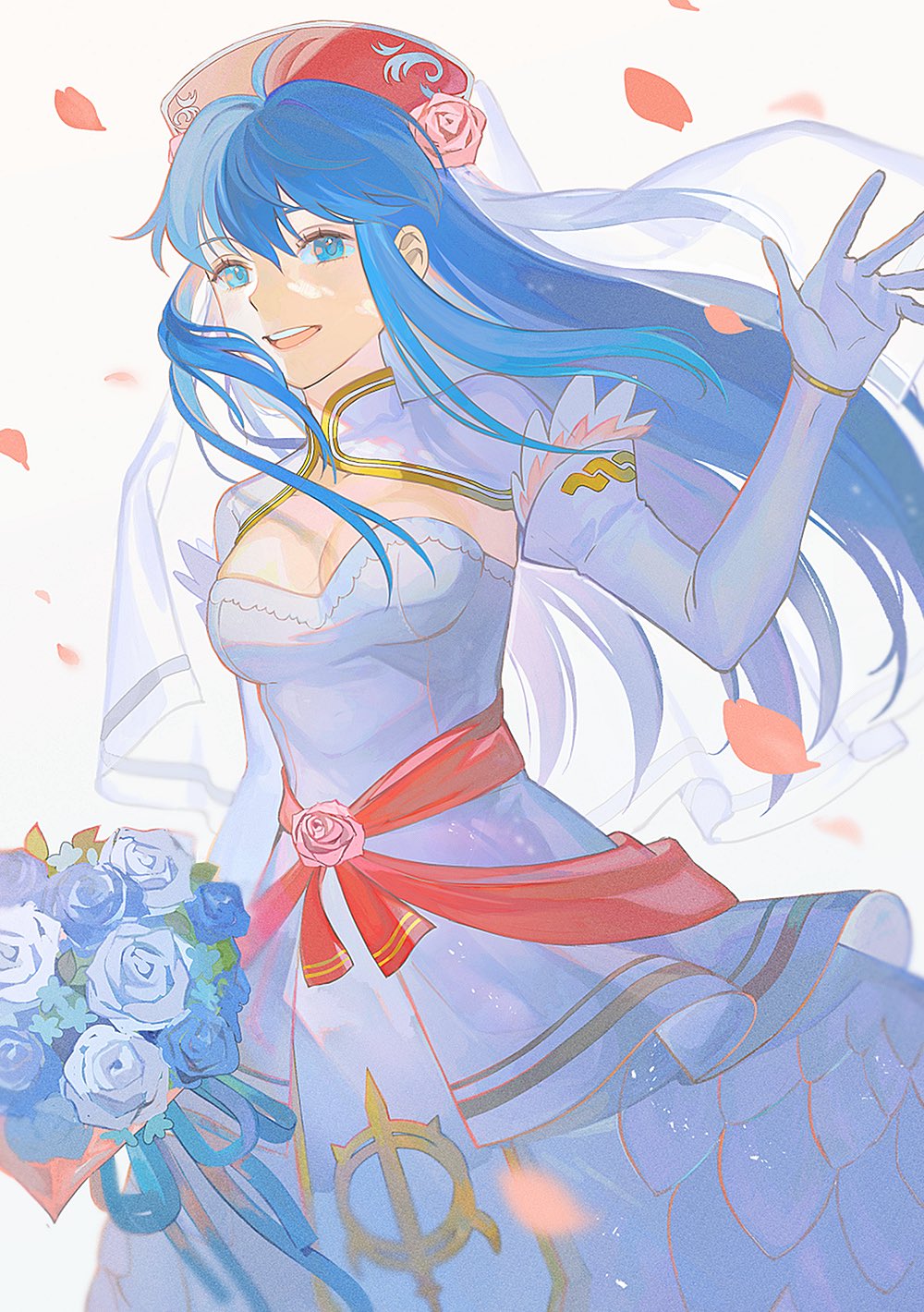 1girl bangs bare_shoulders blue_eyes blue_hair blush breasts bride cleavage closed_mouth dress elbow_gloves fire_emblem fire_emblem:_the_binding_blade fire_emblem_heroes flower gloves hair_ornament hat headband highres jewelry kyufe lilina_(fire_emblem) long_hair looking_at_viewer simple_background smile solo wedding_dress white_dress