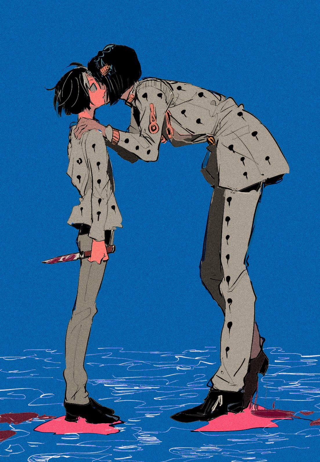 2boys age_comparison bent_over black_hair blood blood_on_ground blood_on_knife blue_background bob_cut braid bruno_buccellati covered_face dual_persona film_grain hair_ornament hands_on_another's_shoulders highres holding holding_knife jacket jojo_no_kimyou_na_bouken knife leaning_forward looking_up male_focus motunikomi multiple_boys parted_lips patterned_clothing short_hair time_paradox vento_aureo younger zipper_pull_tab
