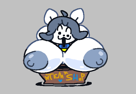 anthro areola big_breasts box breasts container english_text female grey_areola grey_hair grey_nipples hair huge_breasts looking_at_viewer nipples nude open_mouth solo superiorfox tem temmie_(undertale) text undertale undertale_(series) video_games white_body