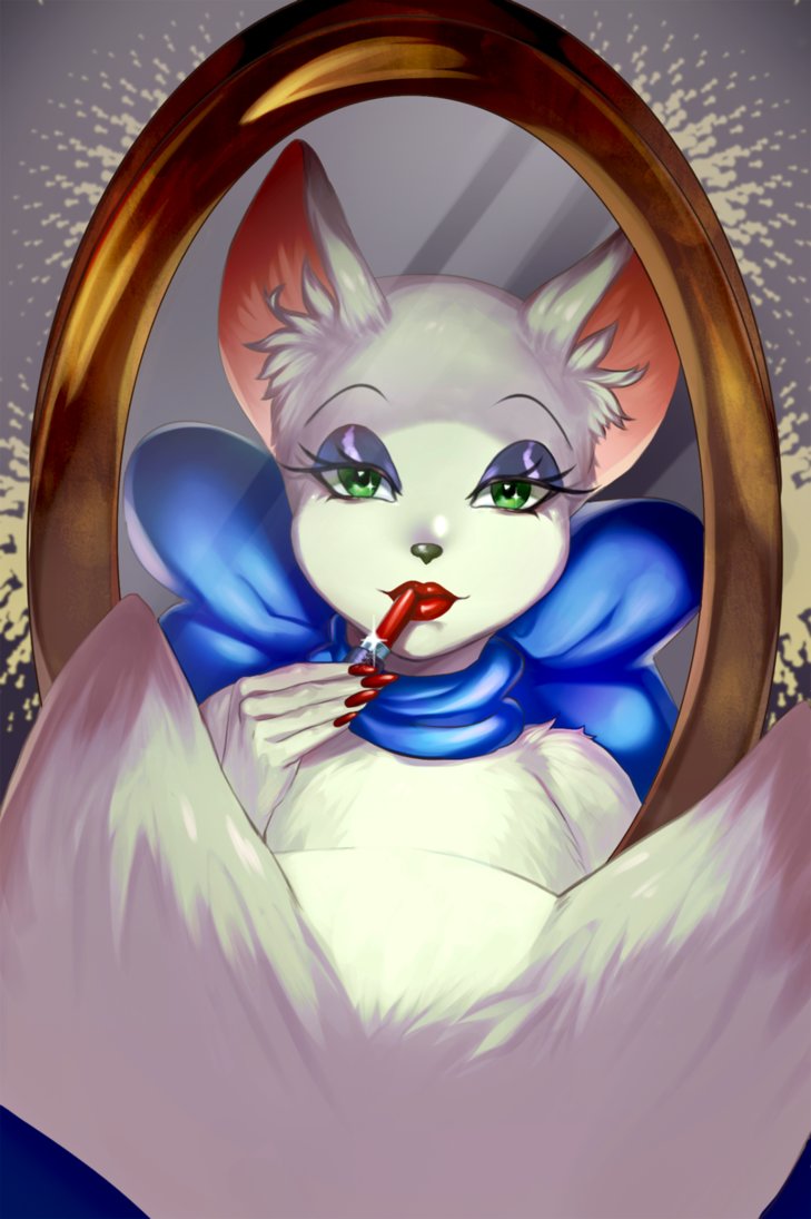 2022 anthro bow_ribbon bust_portrait colored_nails domestic_cat eishou-mari eyeshadow felid feline felis female fur green_eyes jewelry lipstick looking_at_viewer makeup mammal metro-goldwyn-mayer mirror mirror_reflection nails necklace necktie portrait red_lipstick red_nails reflection solo tom_and_jerry toodles_(springtime_for_thomas) toodles_galore toony white_body white_fur