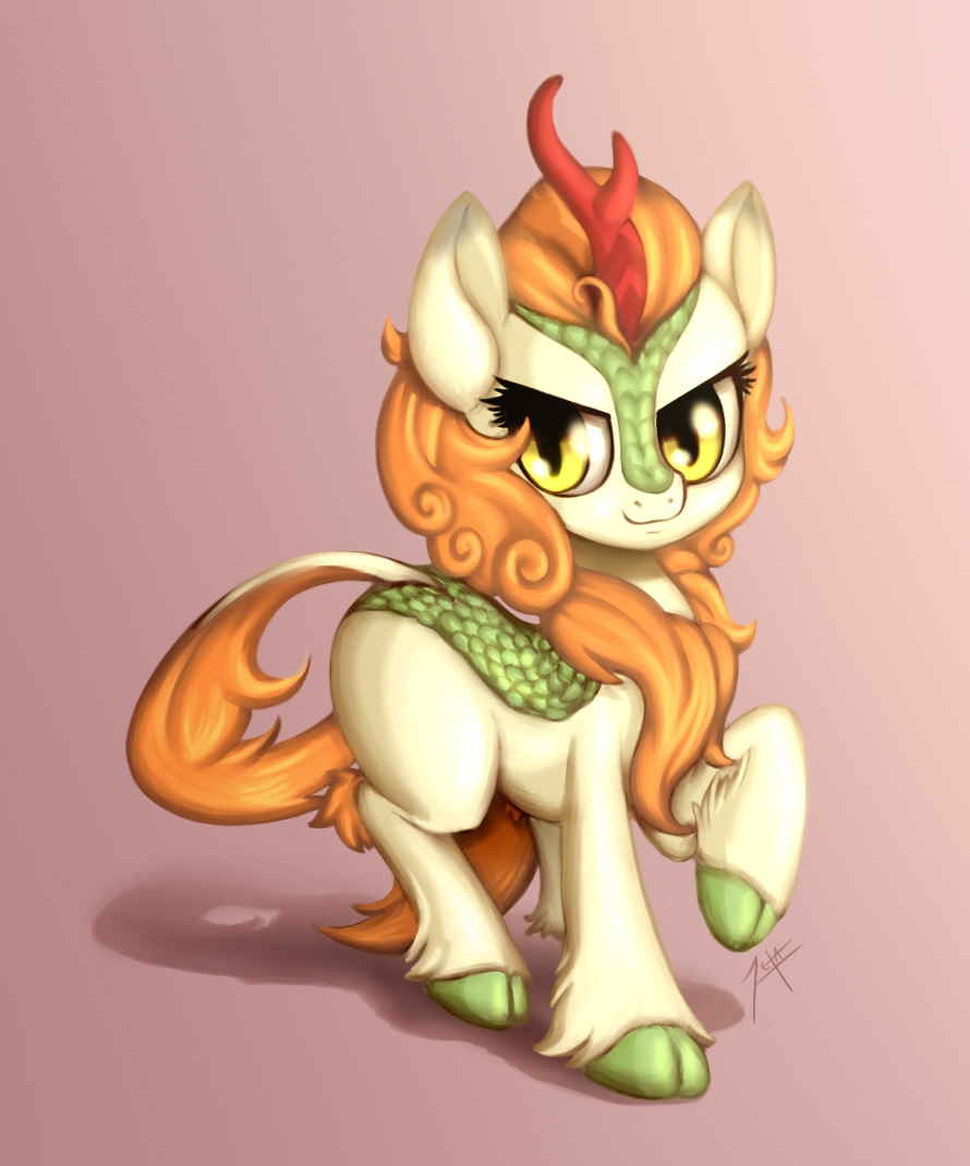 2018 asian_mythology autumn_blaze_(mlp) chinese_mythology cloven_hooves digital_media_(artwork) east_asian_mythology female feral friendship_is_magic fur green_body green_scales hasbro hooves horn kirin long_tail mane my_little_pony mythology orange_mane scales signature smile solo tan_body tan_fur yellow_eyes zetamad